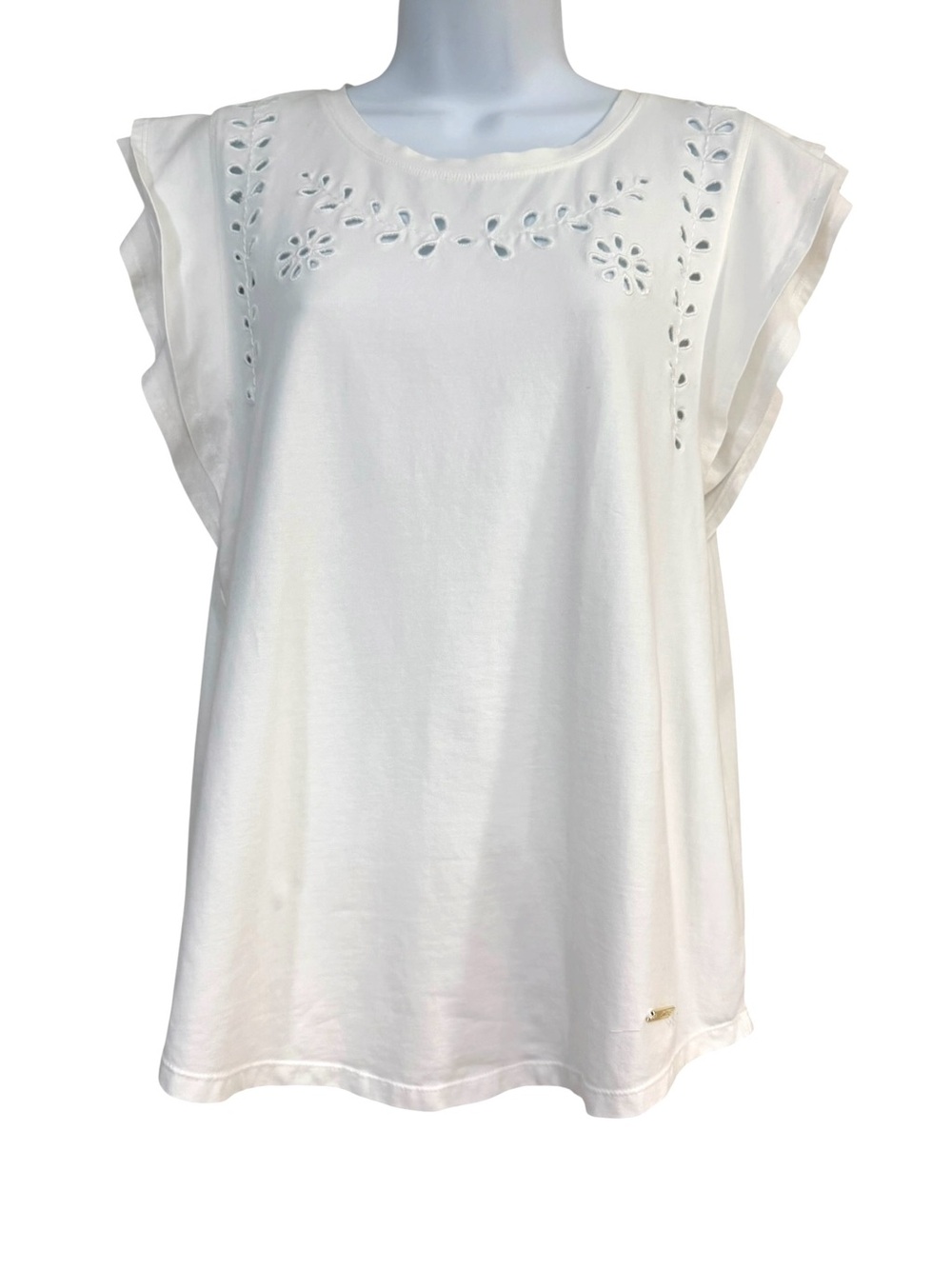 White Top Shirt Size Small Embroidered Short Flutter Sleeves Neutral Summer